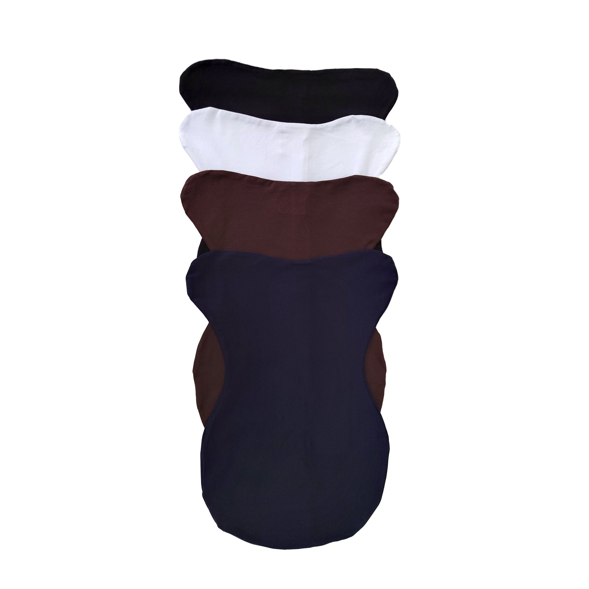 A stack of VIP covers for equestrian saddle pads in black, white, brown, and blue colors.
