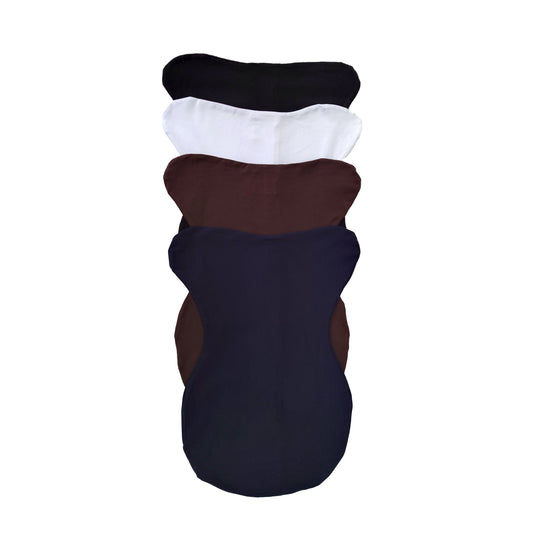 A stack of VIP covers for equestrian saddle pads in black, white, brown, and blue colors.