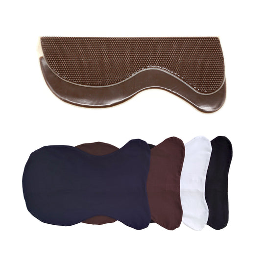 A selection of saddle covers in various colors including brown, black, white, and navy blue, displayed flat.