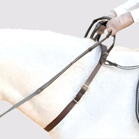 Close-up side view of a white horse with the brown Correct Connect Double Neck Strap