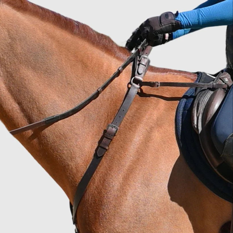 Side view of the Correct Connect 3-Point Breastplate with Double Neck Strap in use with horse and rider