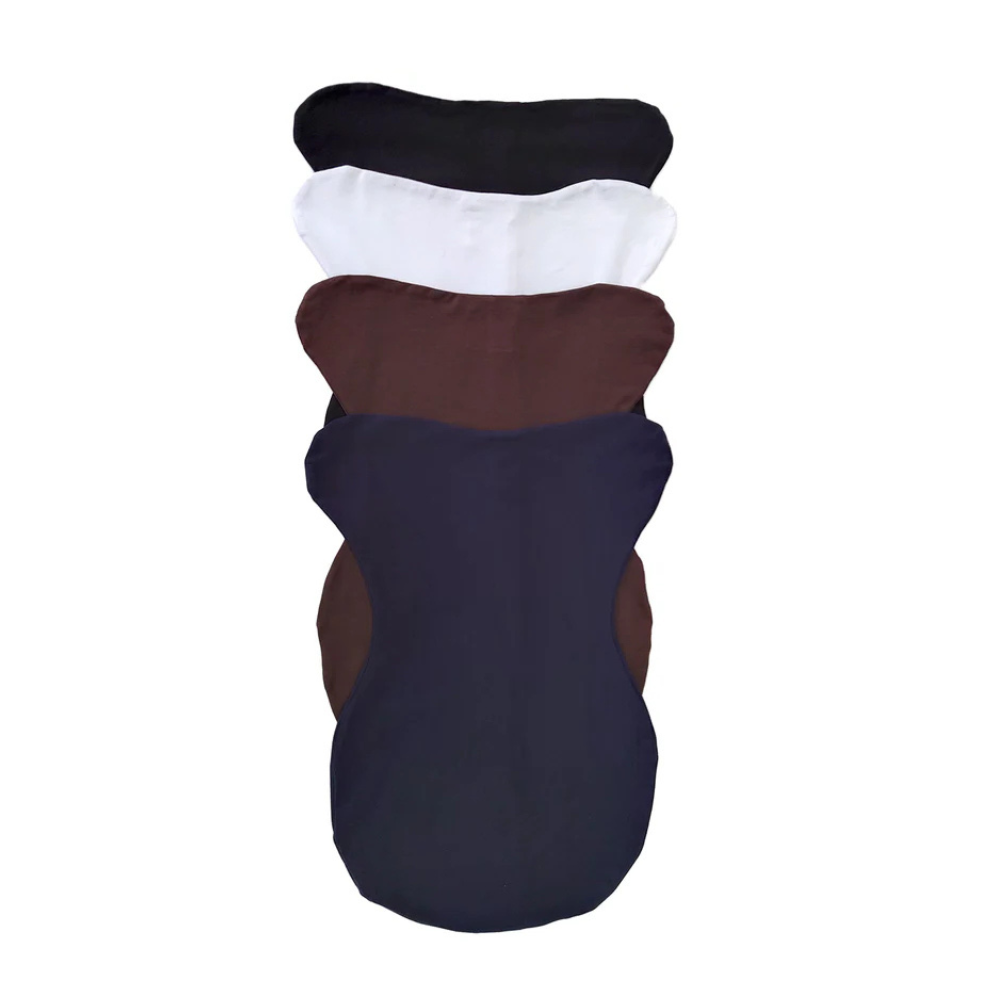 Stack of black, white, and brown large VIP saddle pad covers on a white background