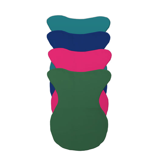 Stack of all new colour covers for VIP equestrian saddle pads in blue, green, and pink.