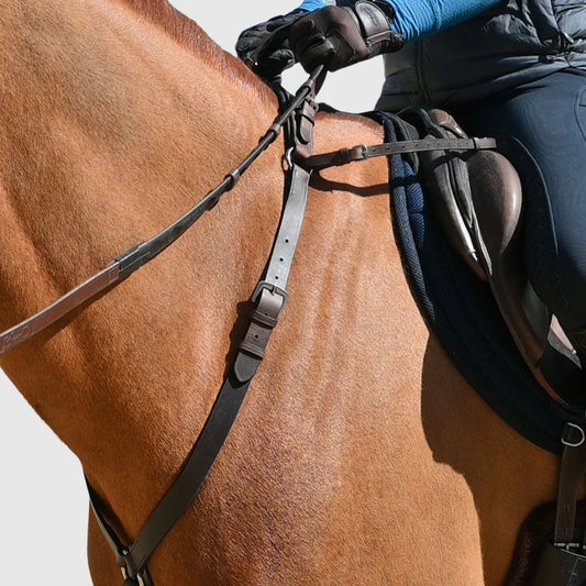 Front view of the Correct Connect 3-Point Breastplate with Double Neck Strap in use with rider and horse